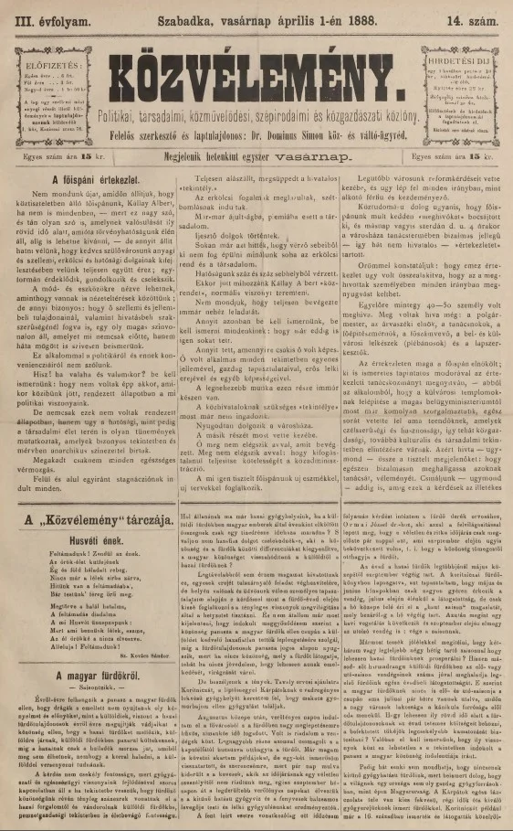 Közvélemény, 3. évf. 1888. április 1. 14. sz.