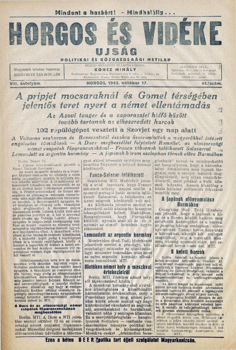 Horgos és vidéke, 8. évf. 1943. október 17. 41. sz.