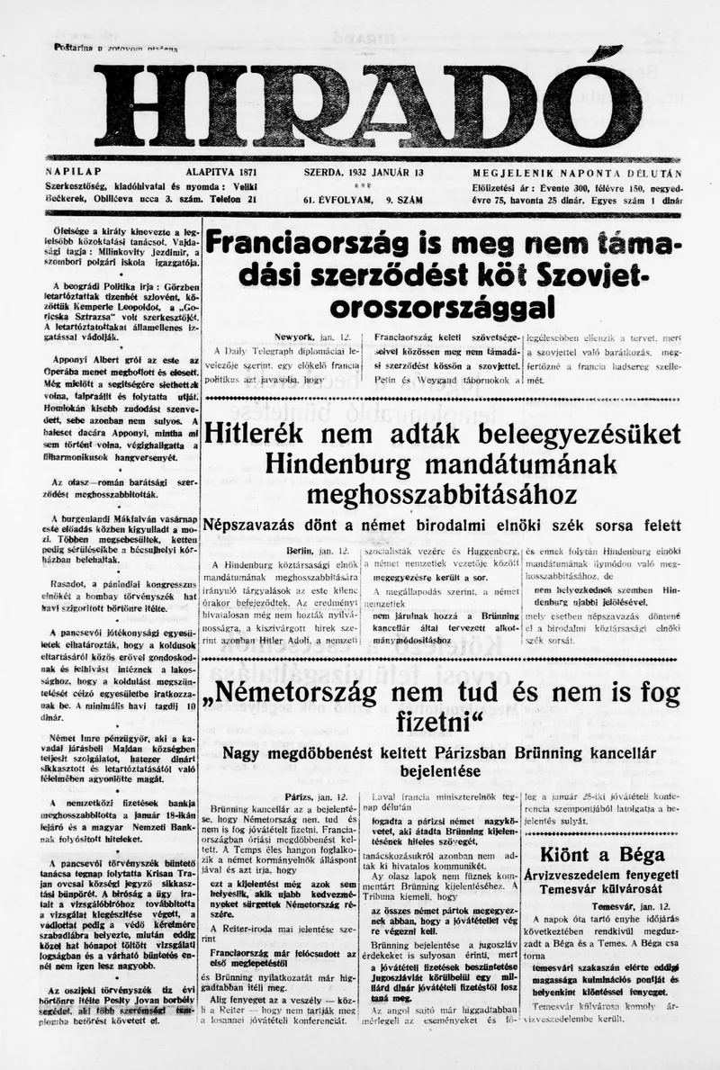 Híradó, 61. évf. 1932. január 13. 9. sz.