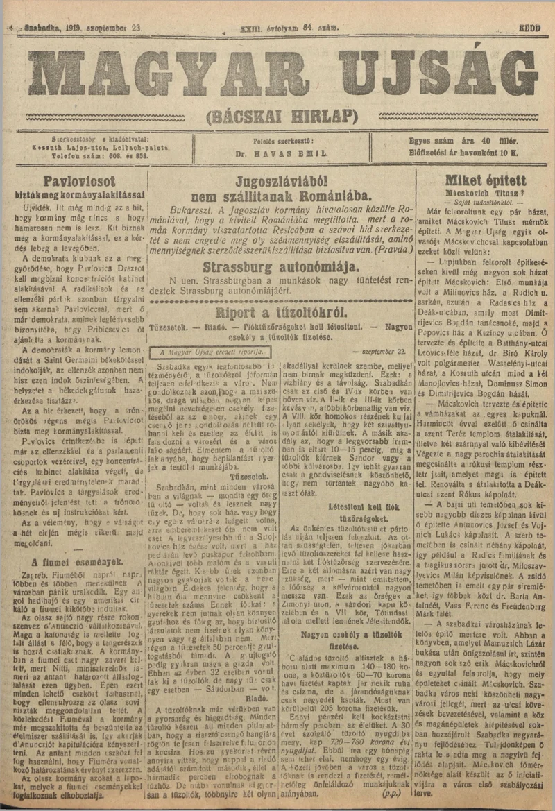 Bácskai Hirlap, 23. évf. 1919. szeptember 23. 84. sz.