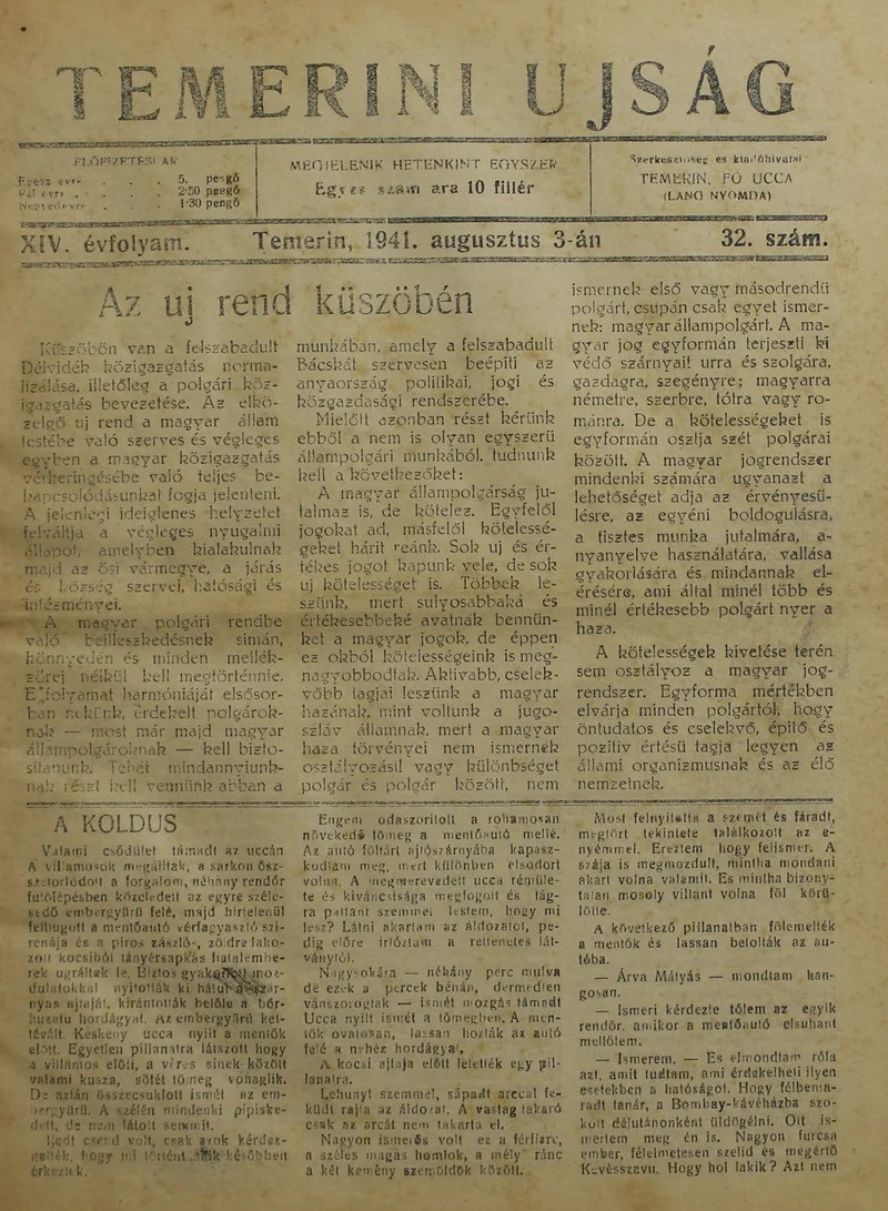 Temerini Újság 1928-1944, 14. évf. 1941. augusztus 3. 32. sz.