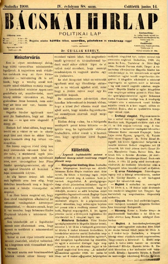 Bácskai Hirlap, 4. évf. 1900. június 14. 88. sz.