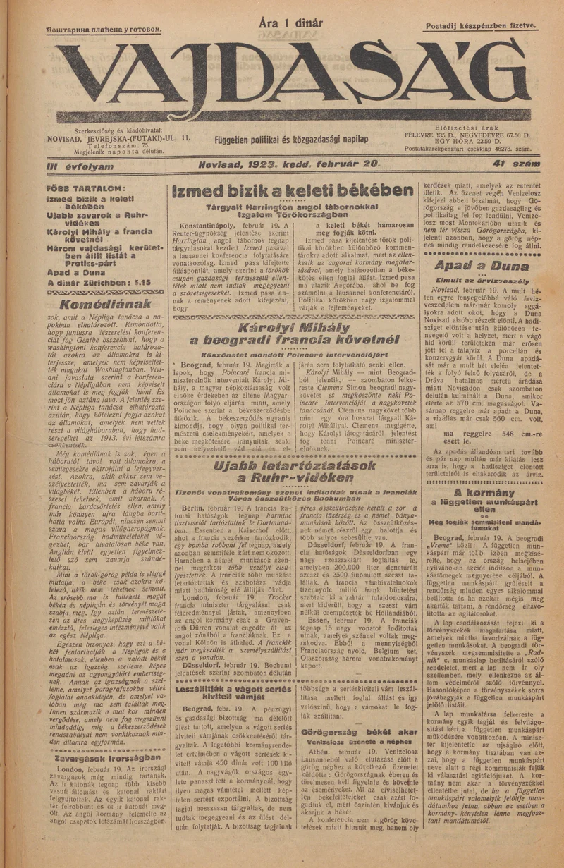 Vajdaság, 3. évf. 1923. február 20. 41. sz.
