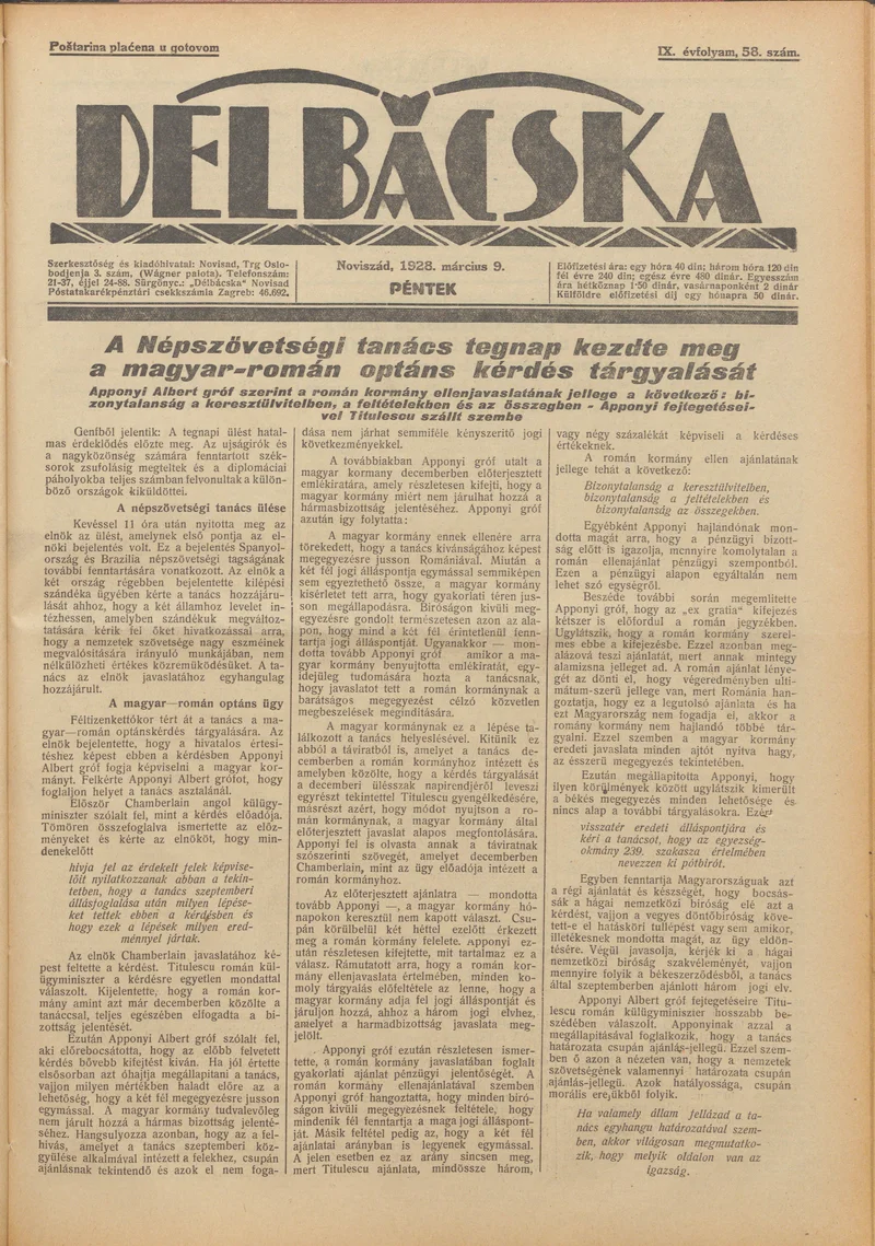 Délbácska, 9. évf. 1928. március 9. 58. sz.