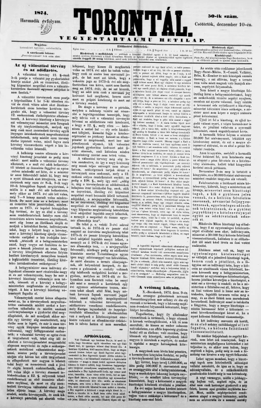 Torontál, 3. évf. 1874. december 10. 50. sz.