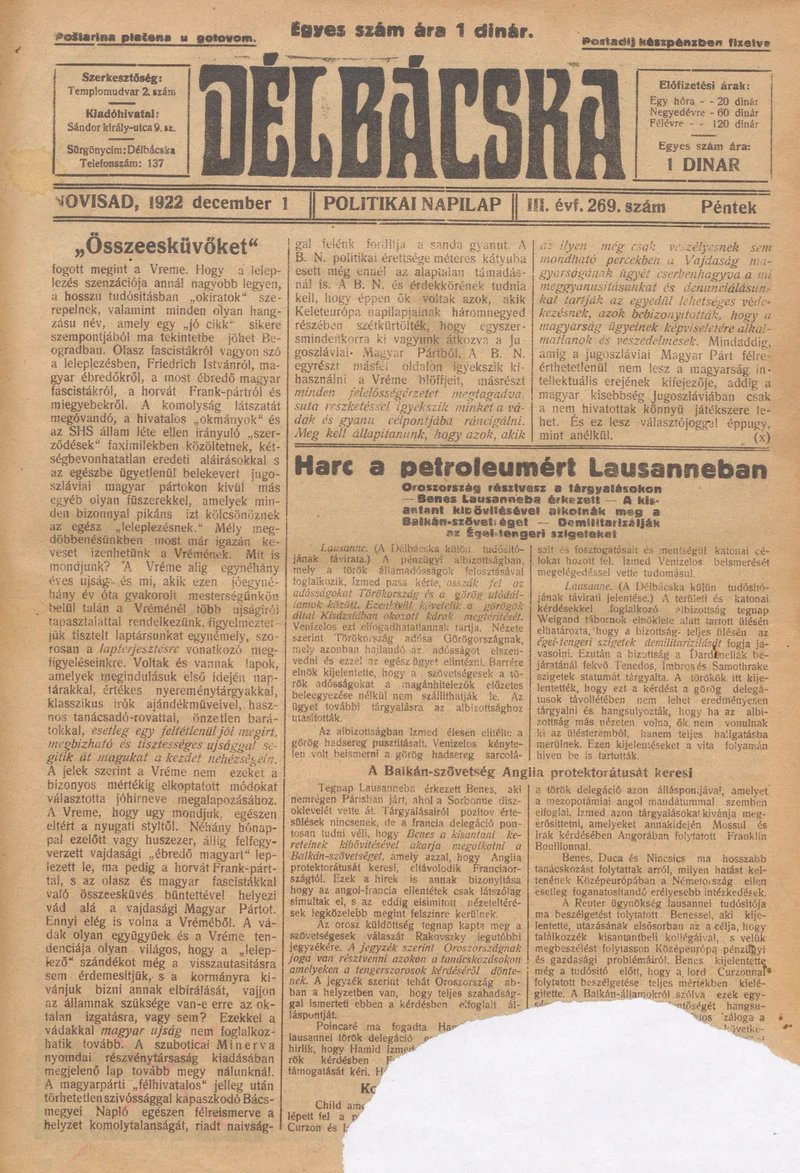 Délbácska, 3. évf. 1922. december 1. 269. sz.
