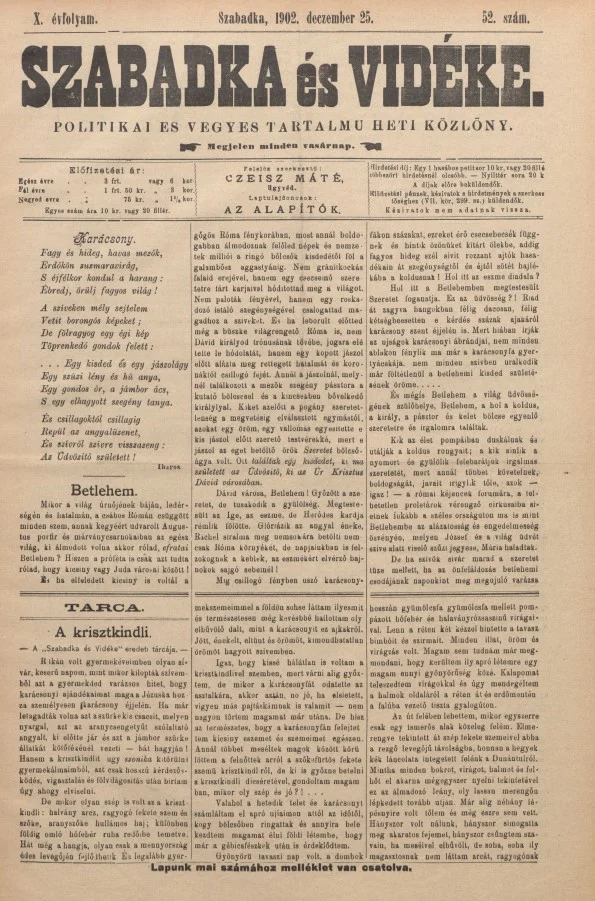 Szabadka és vidéke II, 10. évf. 1902. december 25. 52. sz.