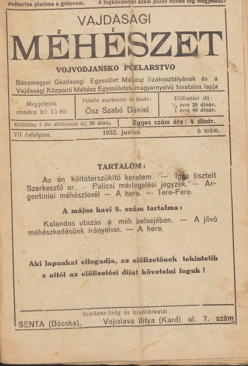 Vajdasági méhészet, 7. évf. 1932. június 1. 6. sz.