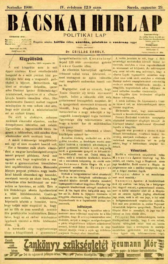 Bácskai Hirlap, 4. évf. 1900. augusztus 29. 129. sz.