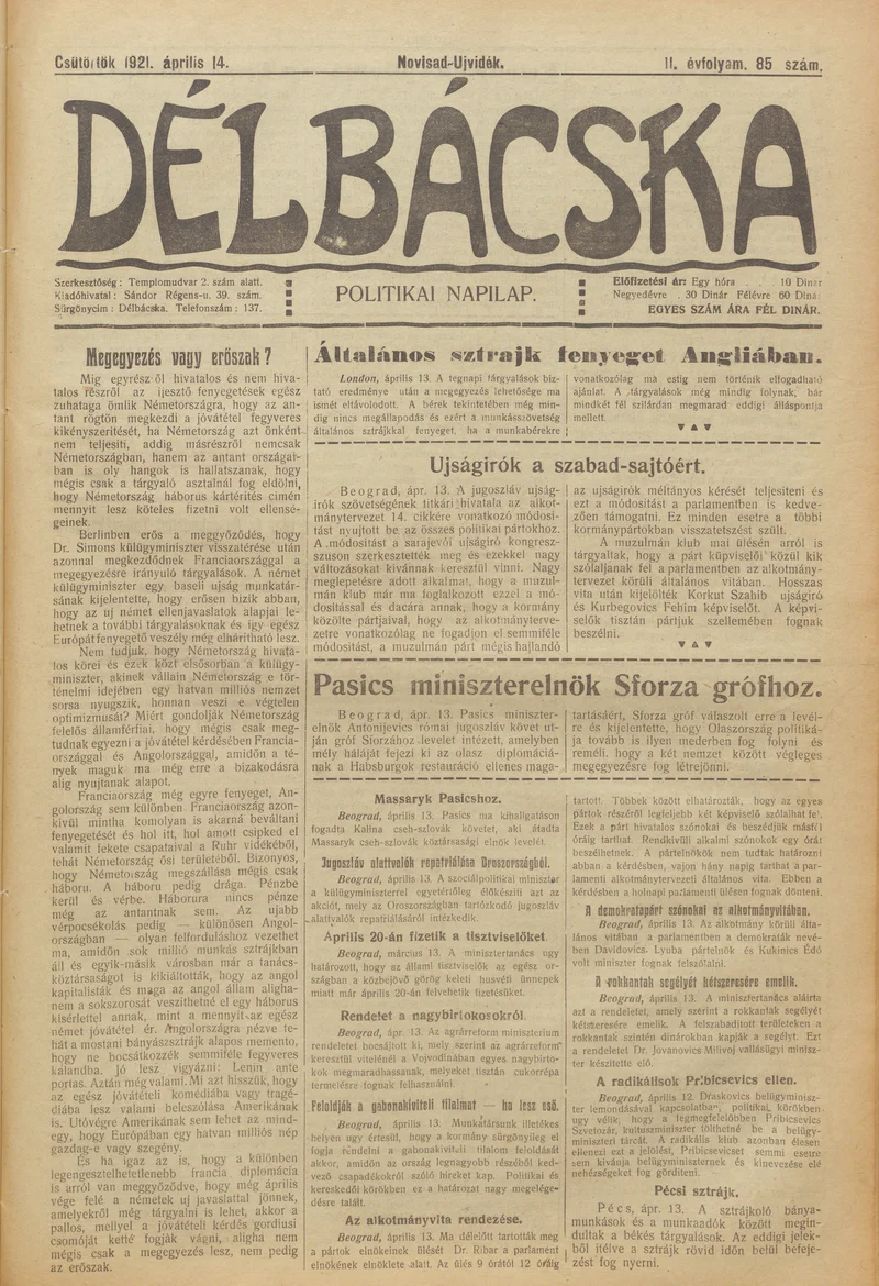 Délbácska, 2. évf. 1921. április 14. 85. sz.