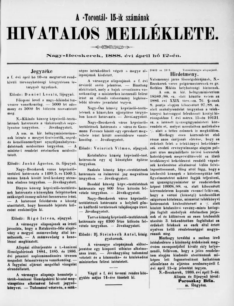 A Totontál  hivatalos melléklete, 1. évf. 1888. április 12. 15. sz.