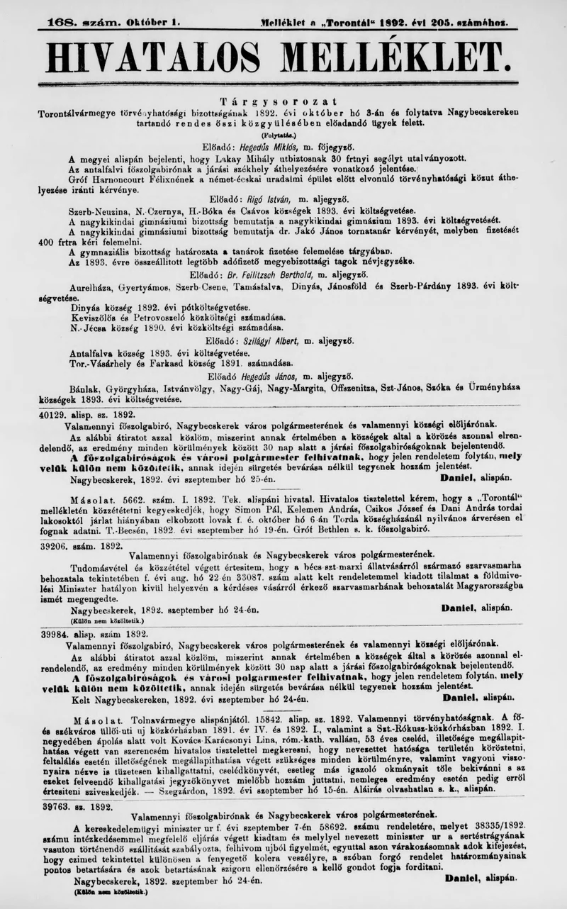 A Totontál  hivatalos melléklete, 5. évf. 1892. október 1. 168. sz.
