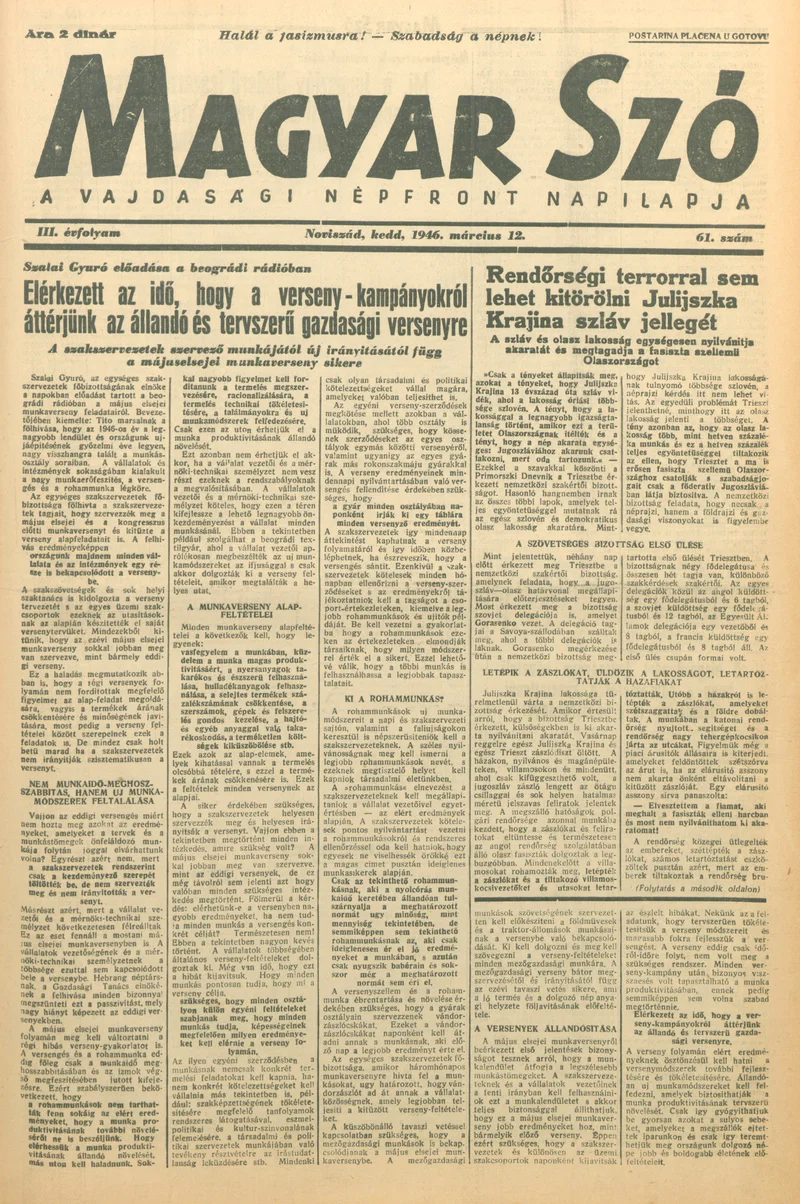 Magyar Szó, 3. évf. 1946. március 12. 61. sz. 1–6. oldal