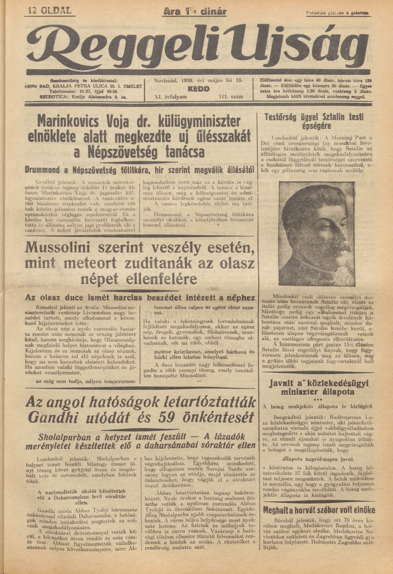 Reggeli Újság, 11. évf. 1930. május 13. 111. sz.