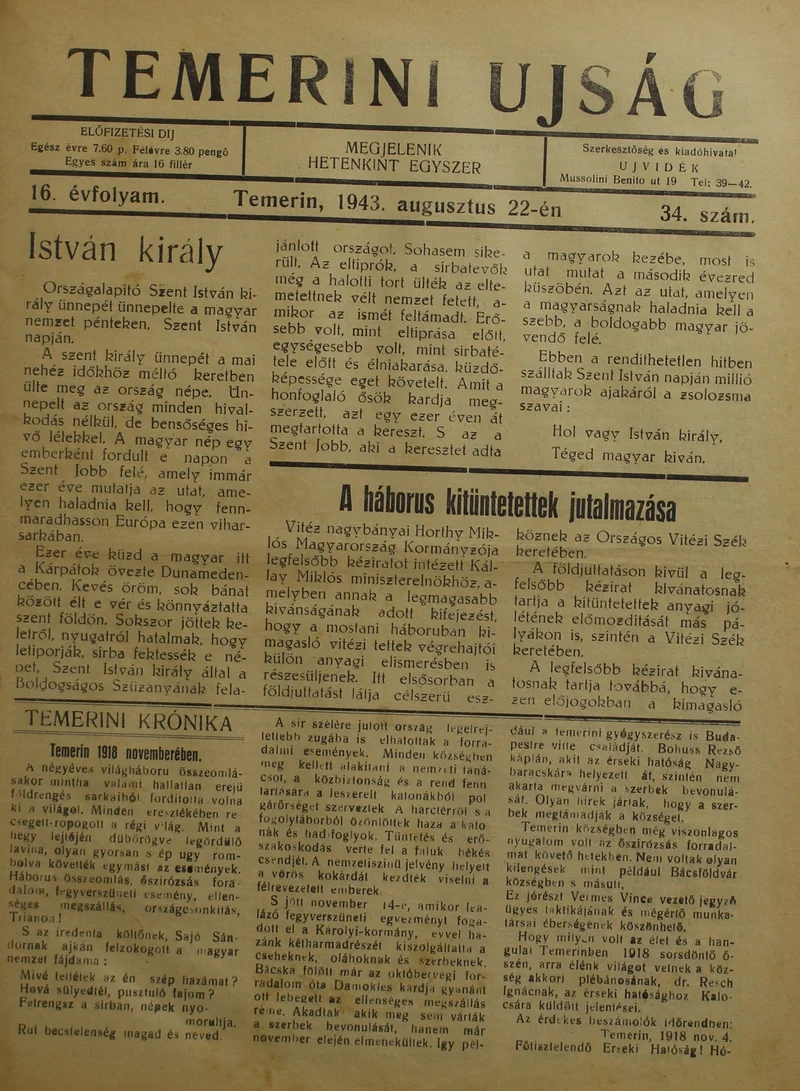Temerini Újság 1928-1944, 16. évf. 1943. augusztus 22. 34. sz.