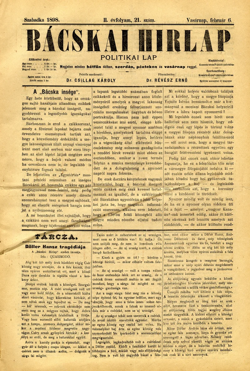 Bácskai Hirlap, 2. évf. 1898. február 6. 21. sz. 1–4. oldal