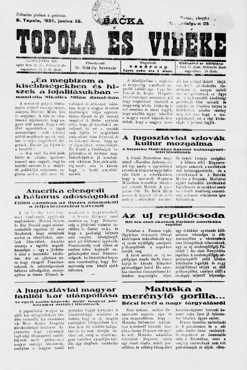 Bačka Topola és Vidéke 1932. június 26. 26. sz.