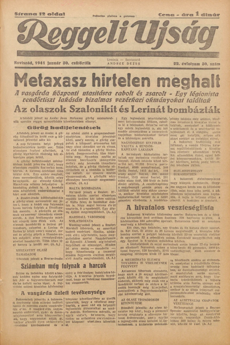 Reggeli Újság, 22. évf. 1941. január 30. 30. sz.