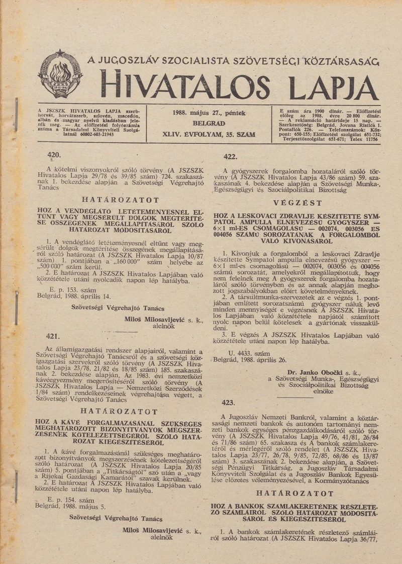 A Jugoszláv Szocialista Szövetségi Köztársaság Hivatalos Lapja, 44. évf. 1988. május 27. 35. sz. 917–996. oldal