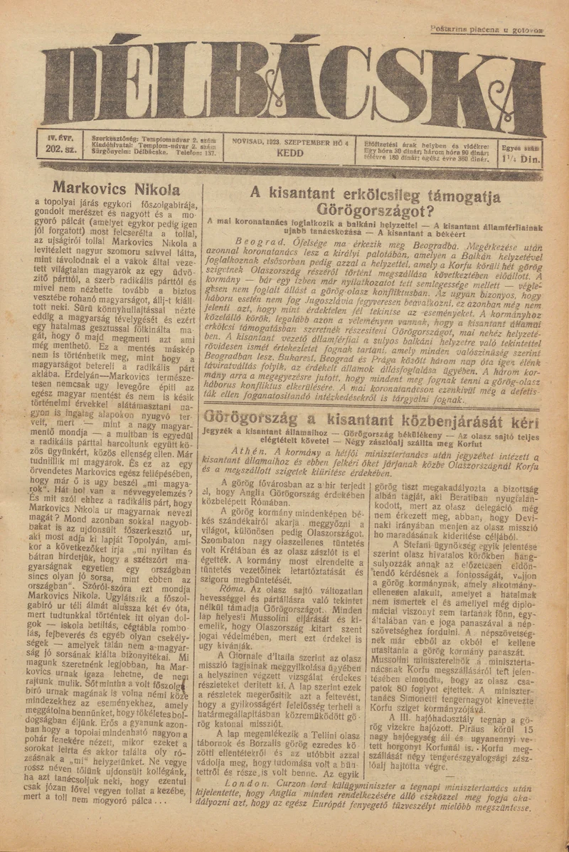 Délbácska, 4. évf. 1923. szeptember 4. 202. sz.