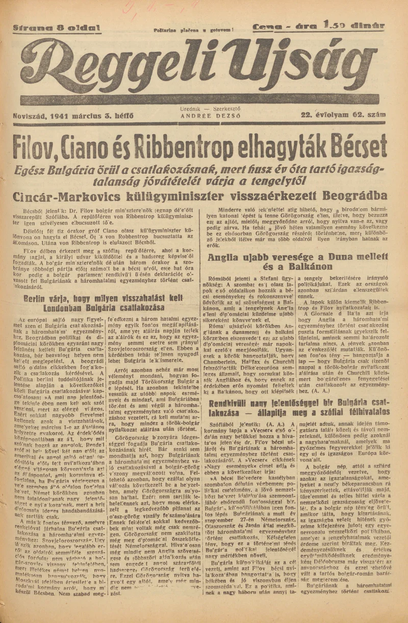 Reggeli Újság, 22. évf. 1941. március 3. 62. sz.
