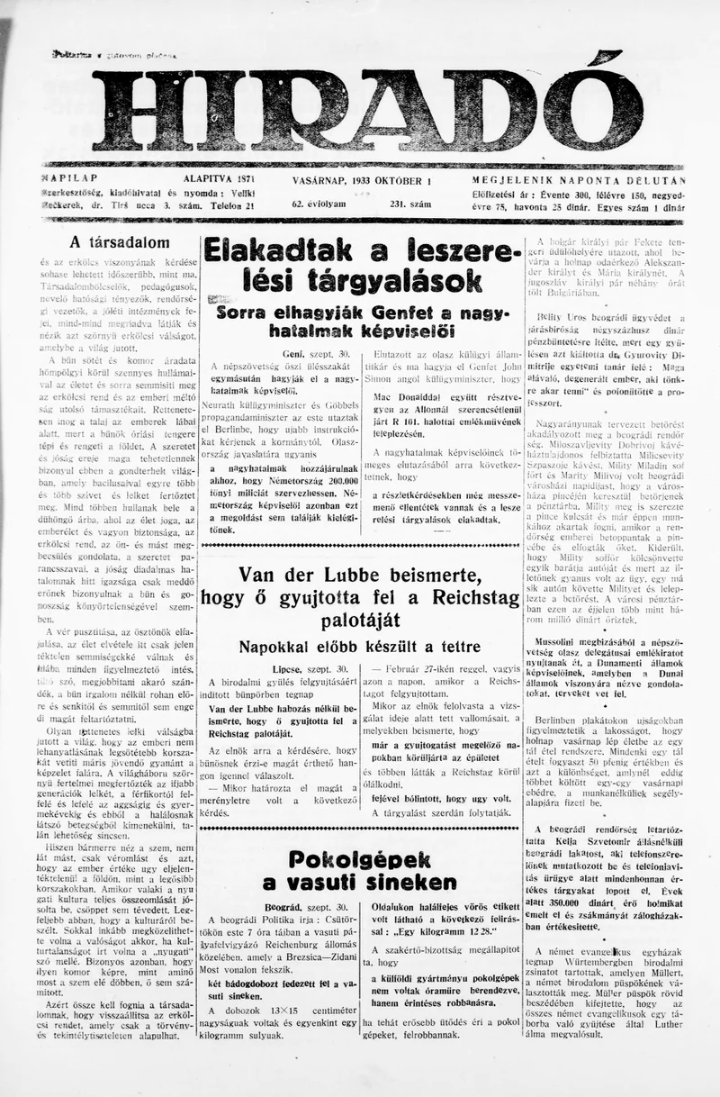 Híradó, 62. évf. 1933. október 1. 231. sz.