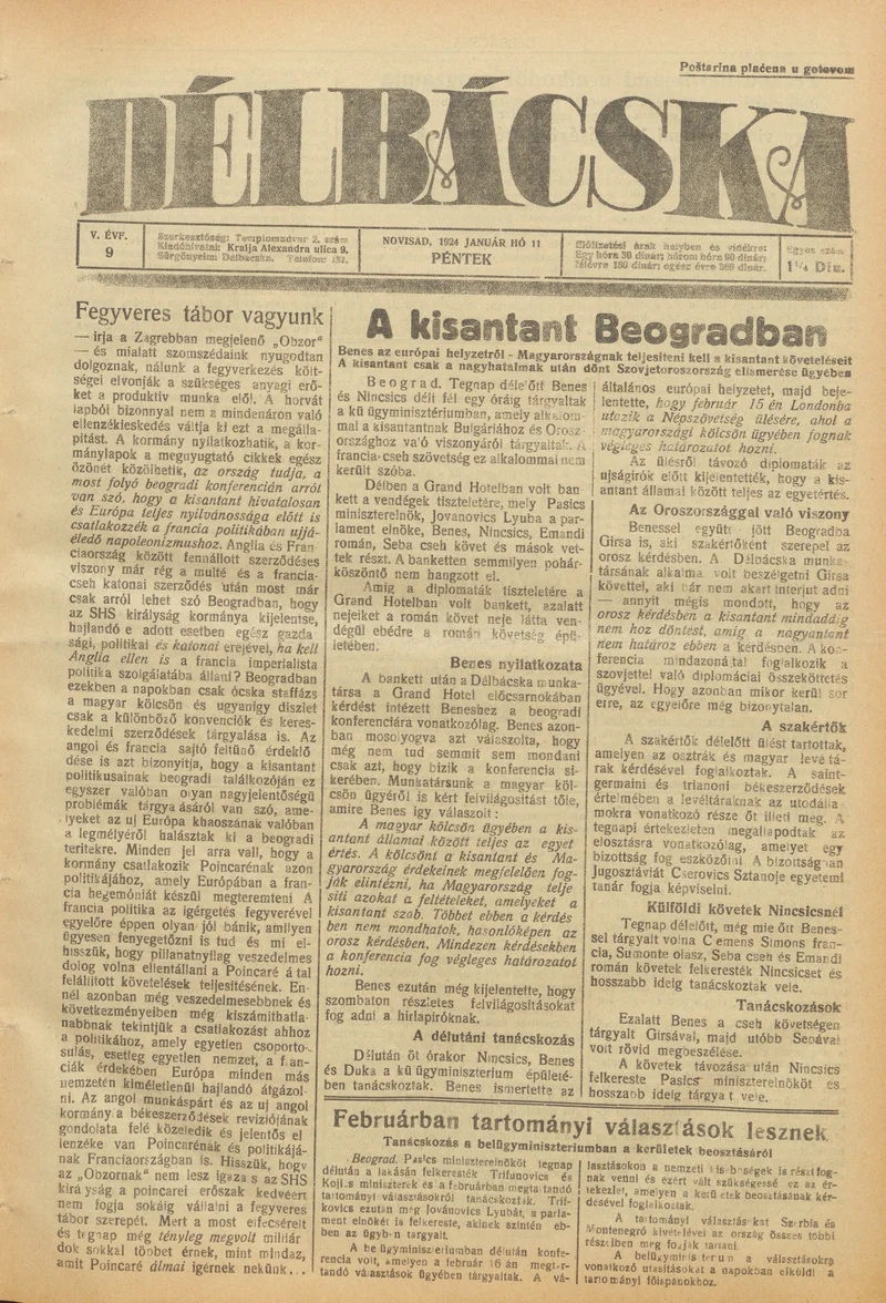 Délbácska, 5. évf. 1924. január 11. 9. sz.