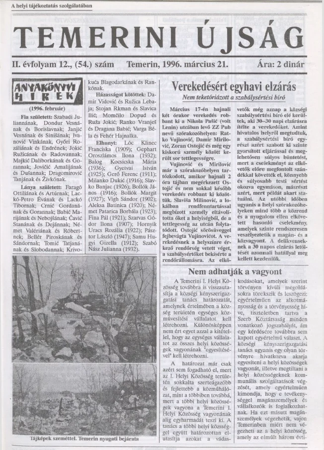 Temerini Újság, 2. évf. 1996. március 21. 12. sz.