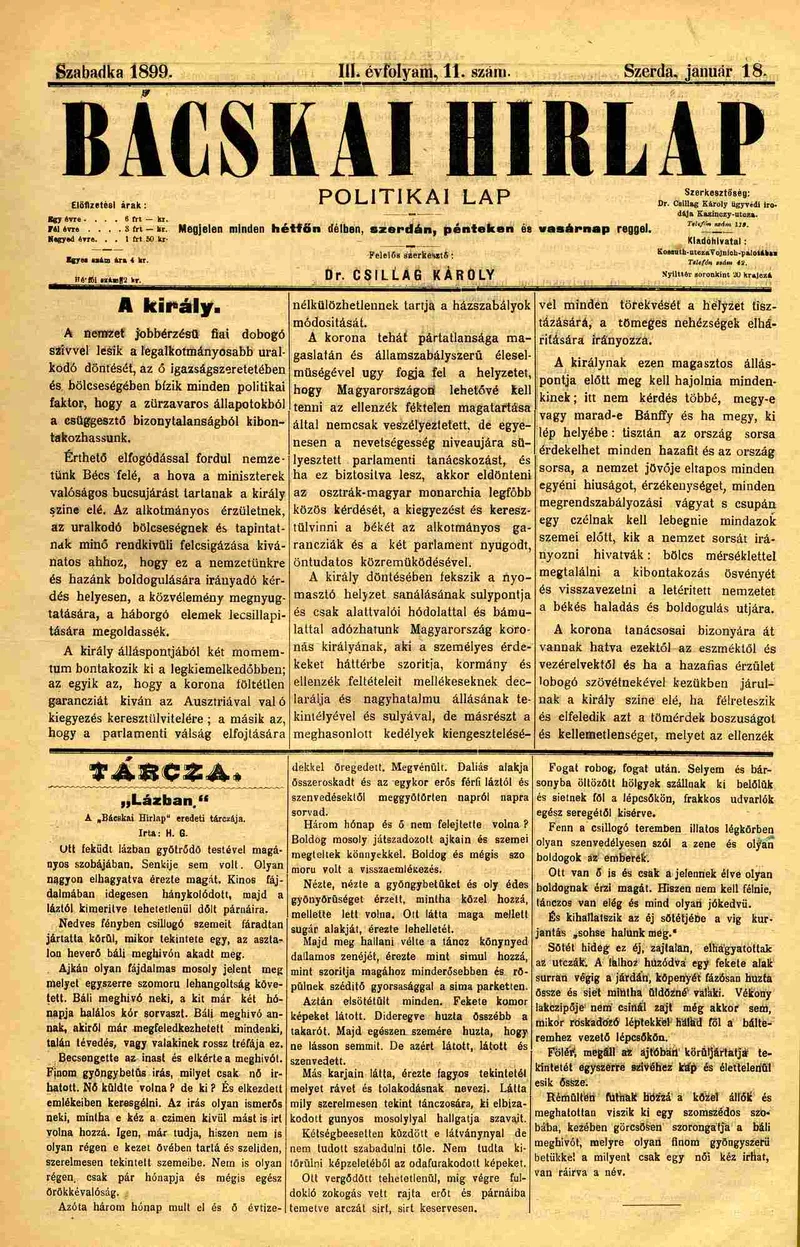 Bácskai Hirlap, 3. évf. 1899. január 18. 11. sz.