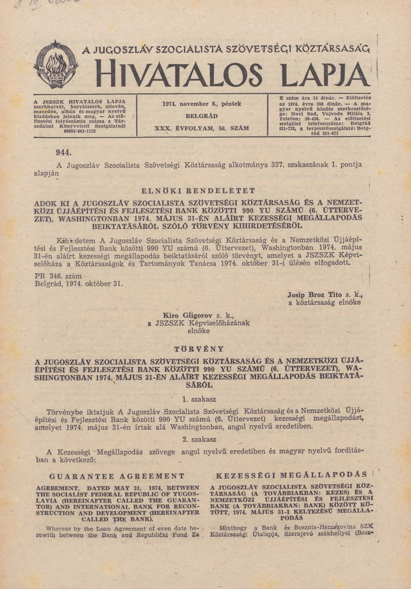 A Jugoszláv Szocialista Szövetségi Köztársaság Hivatalos Lapja, 30. évf. 1974. november 8. 56. sz. 1757–1808. oldal