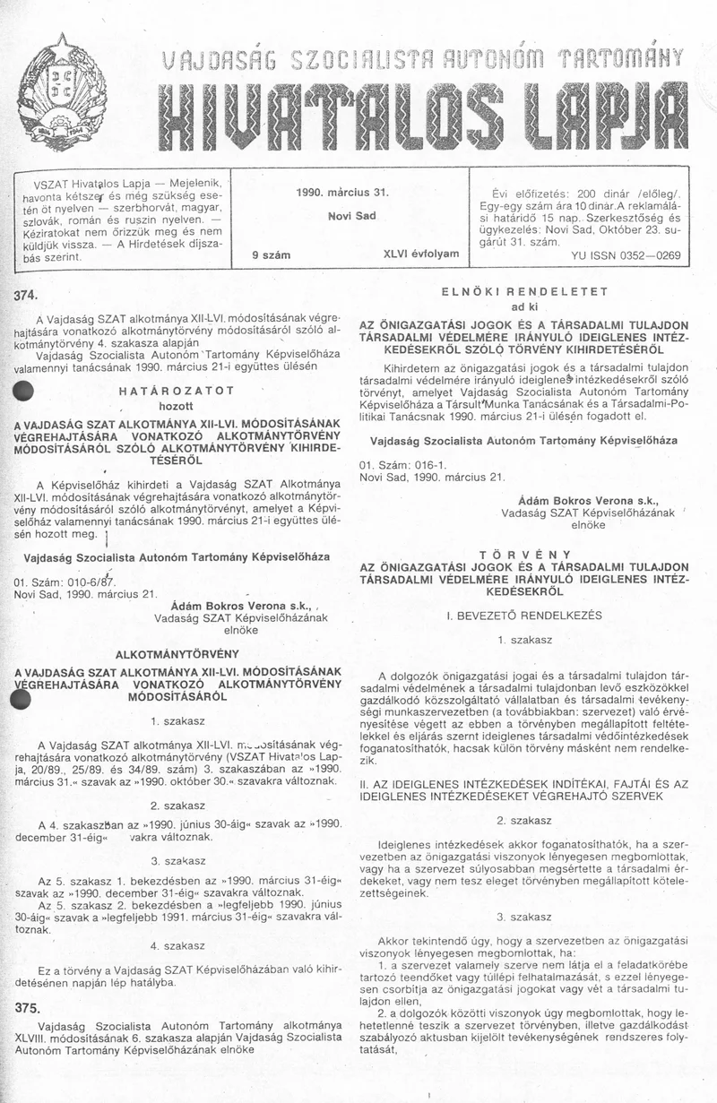Vajdaság Szocialista Autonóm Tartomány Hivatalos Lapja, 46. évf. 1990. március 21. 7. sz.