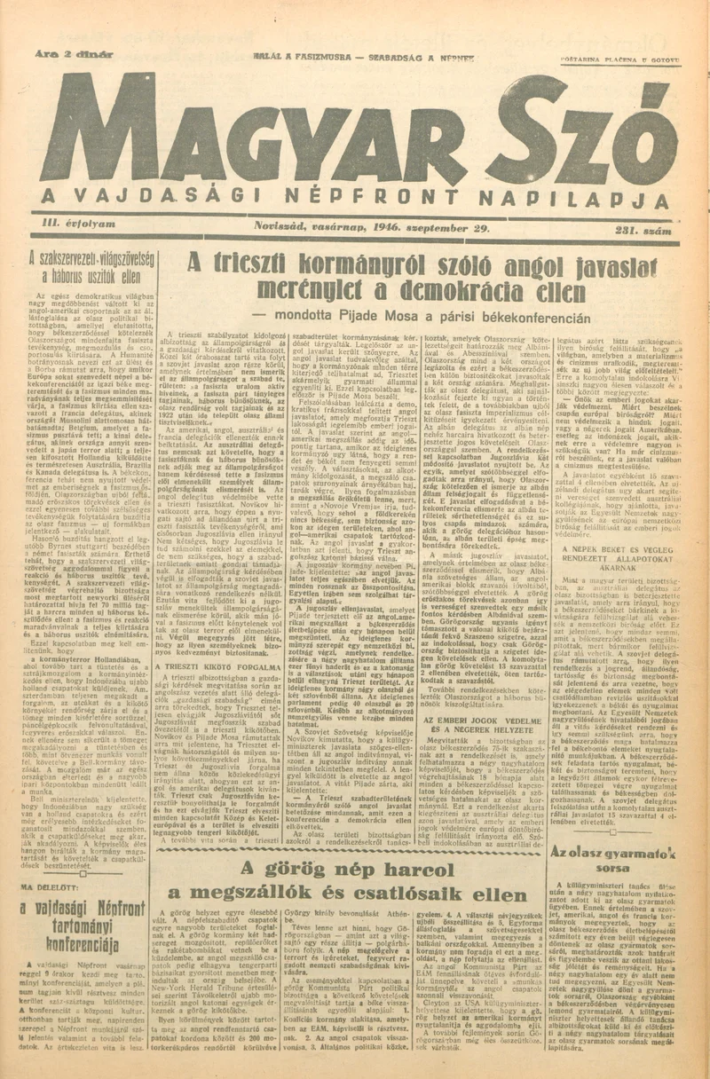 Magyar Szó, 3. évf. 1946. szeptember 29. 231. sz. 1–4. oldal