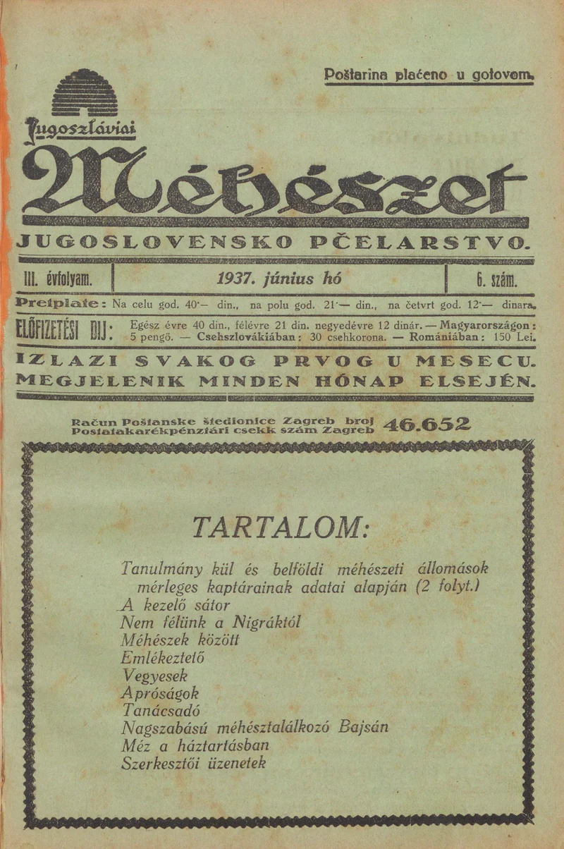Jugoszláviai méhészet, 3. évf. 1937. június 1. 6. sz.
