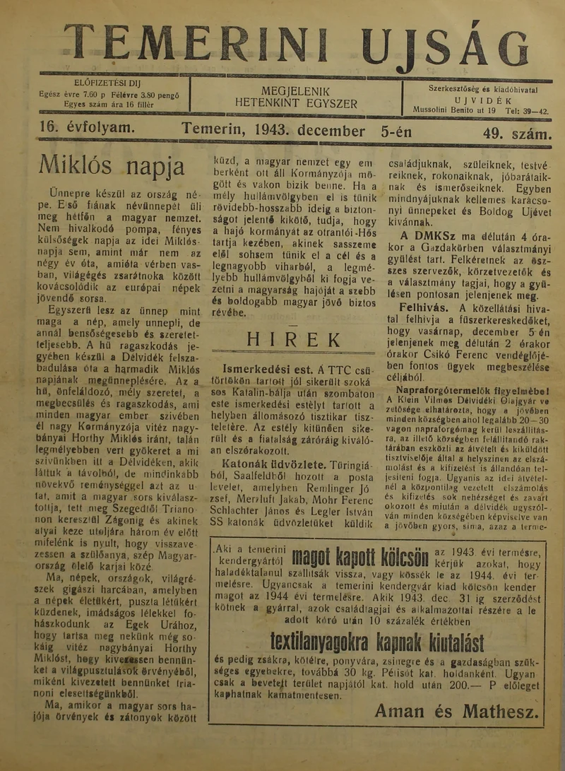 Temerini Újság 1928-1944, 16. évf. 1943. december 5. 49. sz.