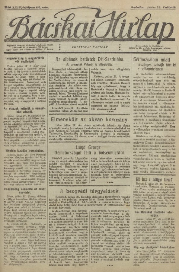 Bácskai Hirlap, 24. évf. 1920. július 29. 123. sz.