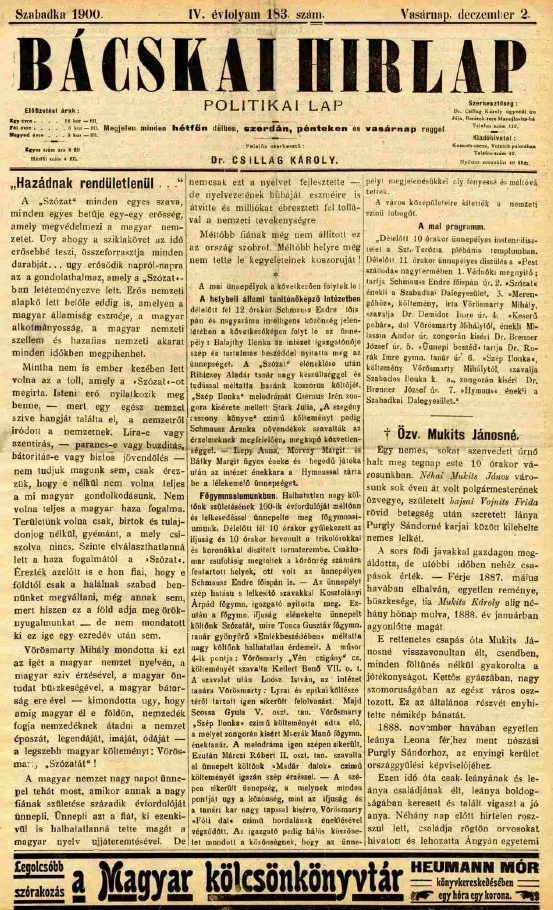 Bácskai Hirlap, 4. évf. 1900. december 2. 183. sz.