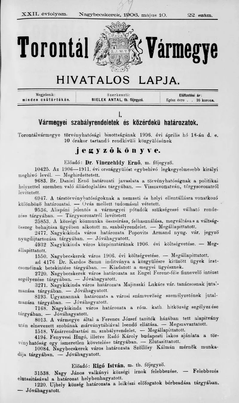 Torontál Vármegye Hivatalos Lapja, 22. évf. 1906. május 10. 22. sz.