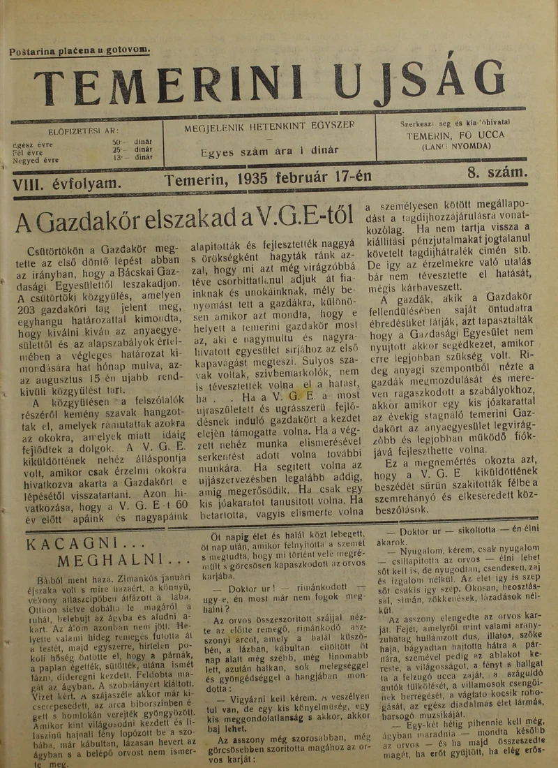 Temerini Újság 1928-1944, 8. évf. 1935. február 17. 8. sz.