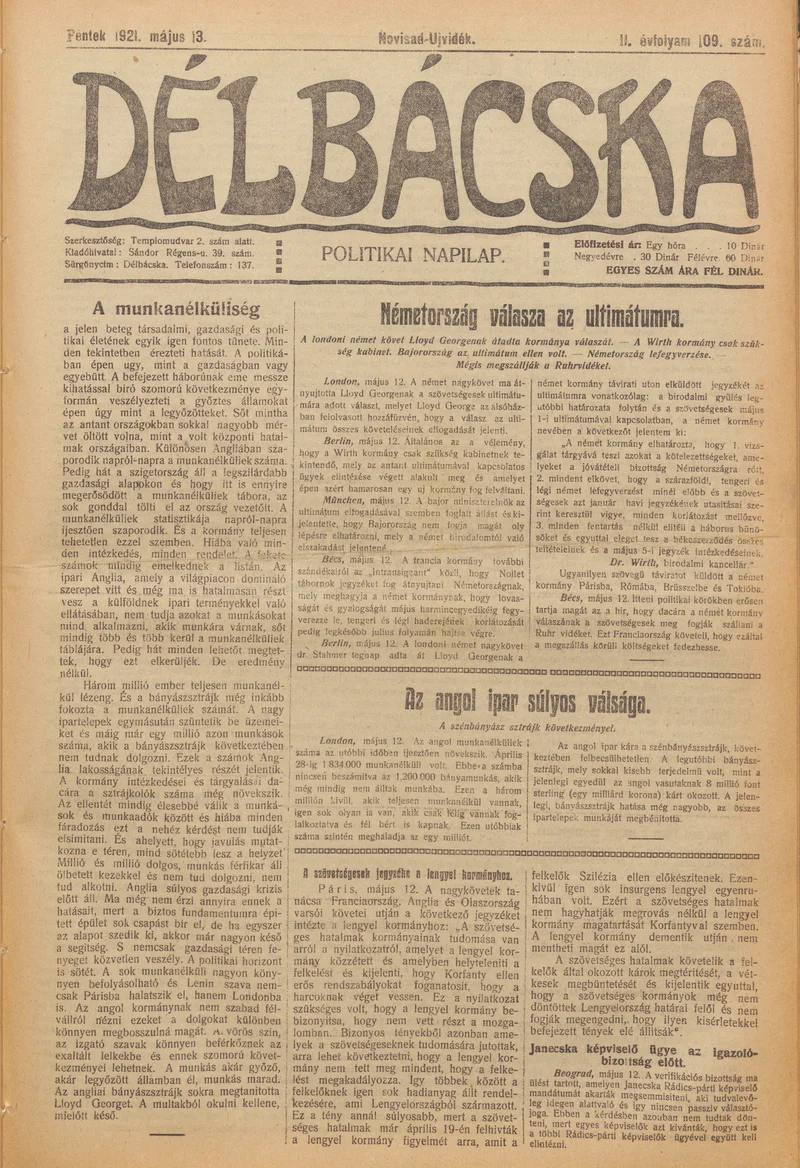 Délbácska, 2. évf. 1921. május 13. 109. sz.