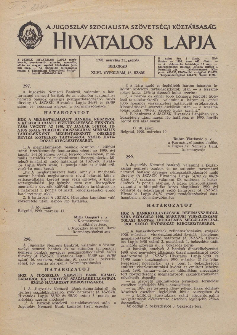 A Jugoszláv Szocialista Szövetségi Köztársaság Hivatalos Lapja, 46. évf. 1990. március 21. 16. sz. 717–720. oldal