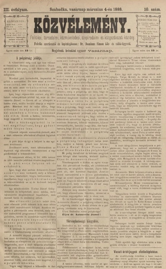 Közvélemény, 3. évf. 1888. március 4. 10. sz.