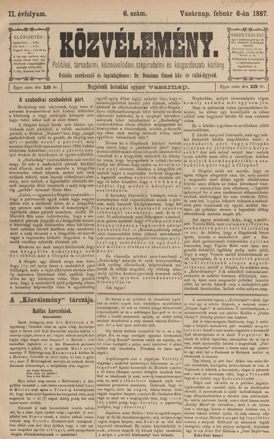Közvélemény, 2. évf. 1887. február 6. 6. sz.