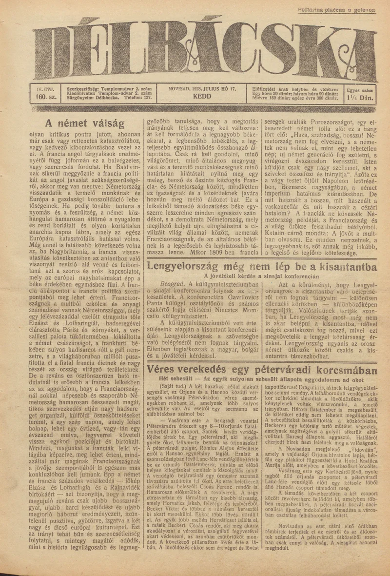 Délbácska, 4. évf. 1923. július 17. 161. sz.