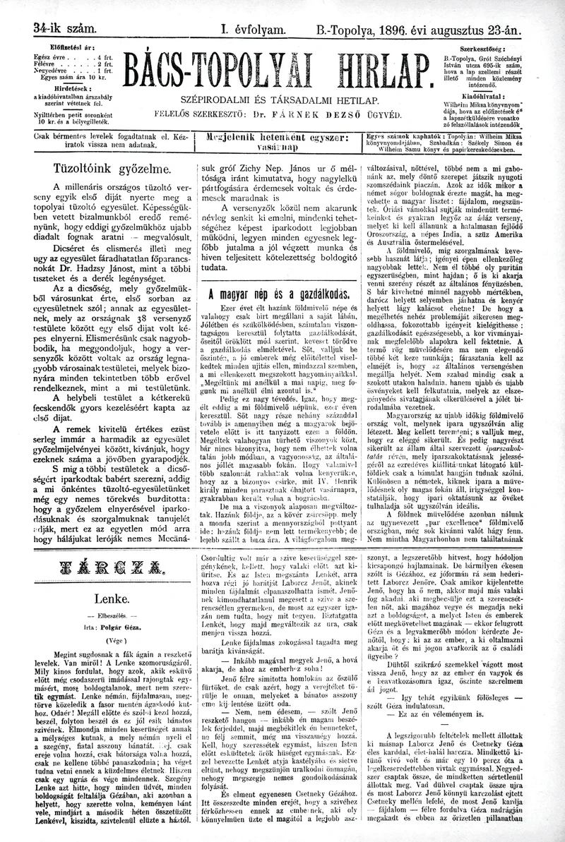 Bács-Topolyai Hirlap, 1. évf. 1896. augusztus 23. 34. sz.