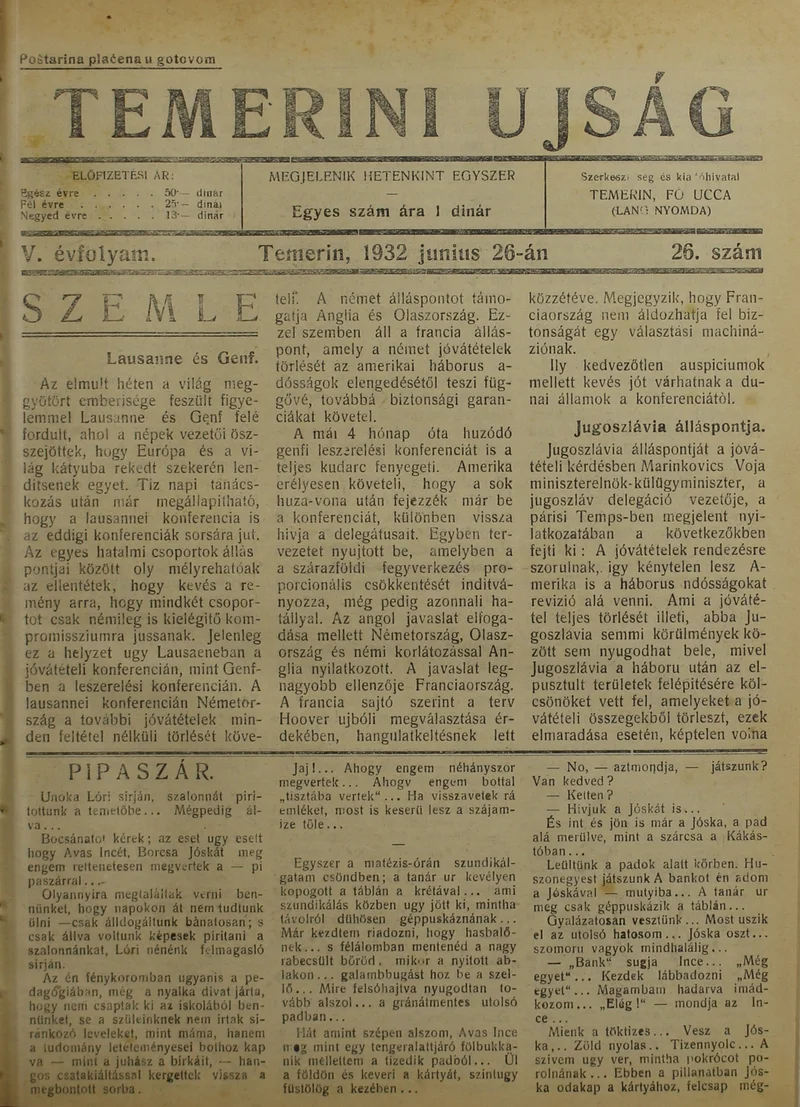 Temerini Újság 1928-1944, 5. évf. 1932. június 26. 26. sz.