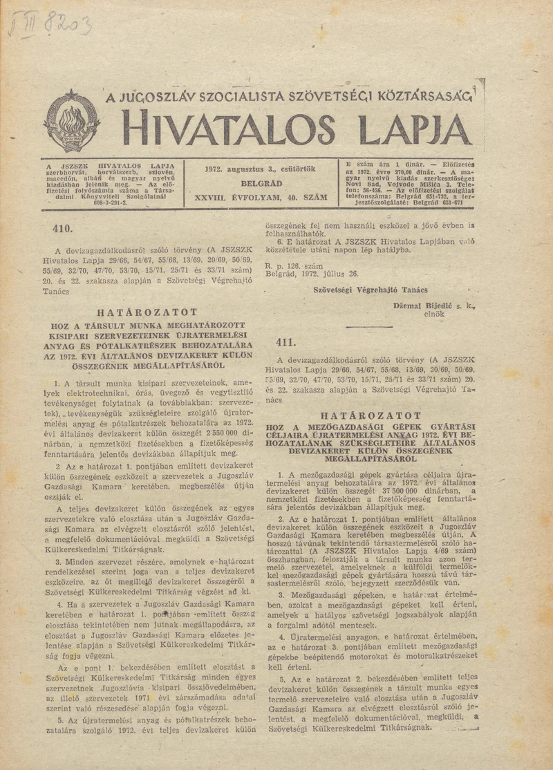 A Jugoszláv Szocialista Szövetségi Köztársaság Hivatalos Lapja, 28. évf. 1972. augusztus 3. 40. sz. 849–856. oldal