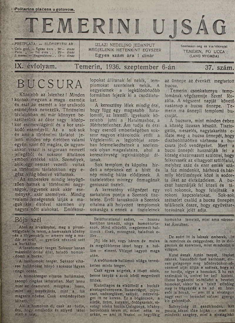 Temerini Újság 1928-1944, 9. évf. 1936. szeptember 6. 37. sz.