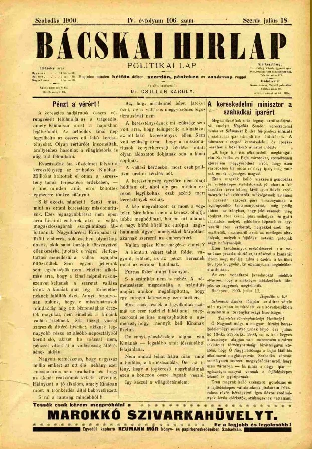 Bácskai Hirlap, 4. évf. 1900. július 18. 106. sz.