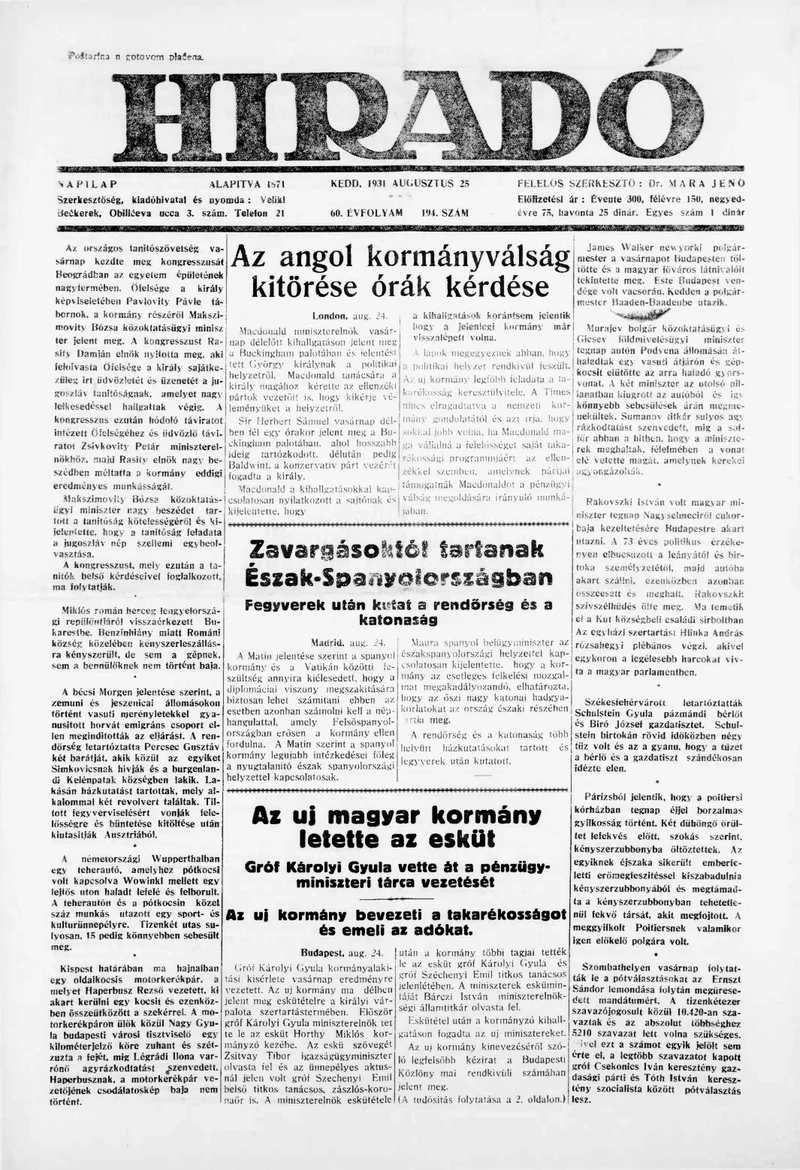 Híradó, 60. évf. 1931. augusztus 25. 194. sz.