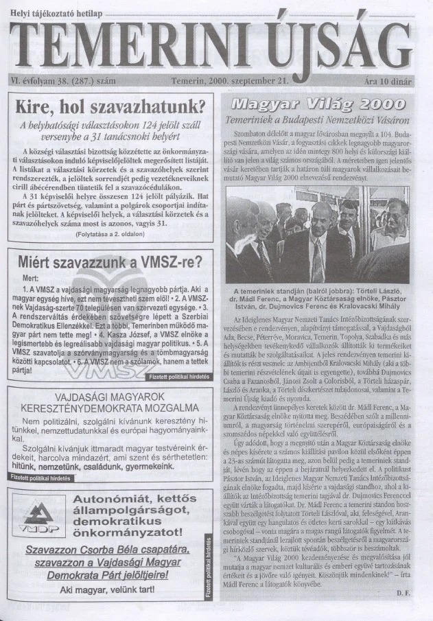 Temerini Újság, 6. évf. 2000. szeptember 21. 38. sz.